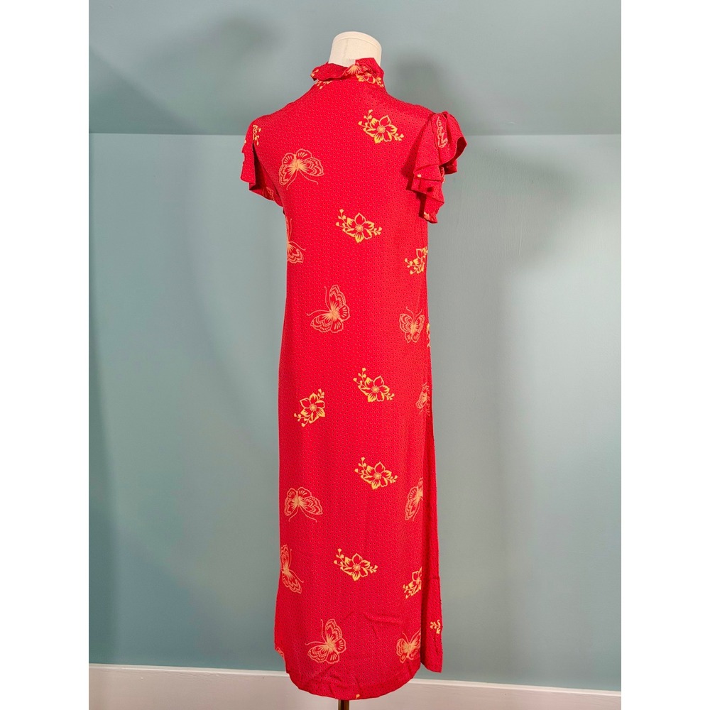 Vintage 1970s Red Dress Butterfly Polka Dot Cheongsam Qipao 70s Shift Large - Picture 9 of 9